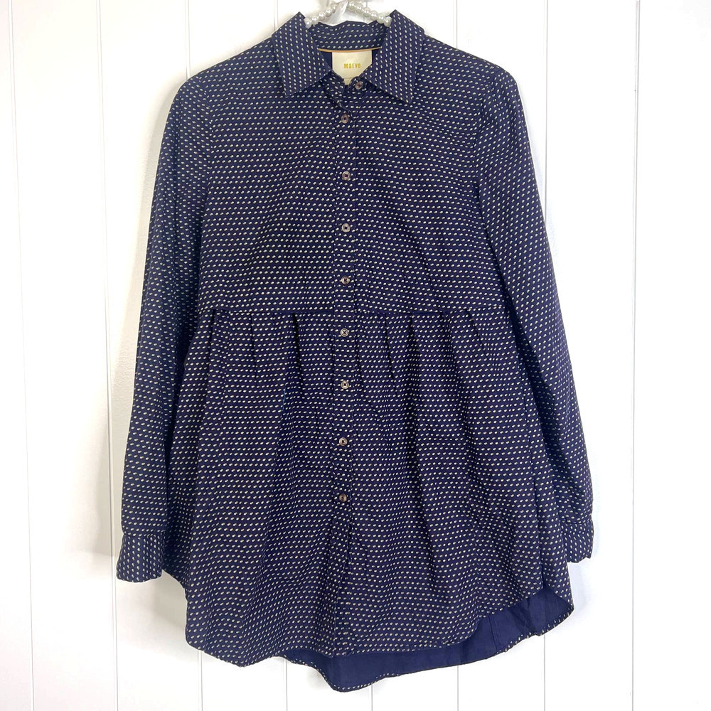 Maeve Anthropologie Aled Polka Dot Tunic Button Down Navy 100% Cotton SZ XS